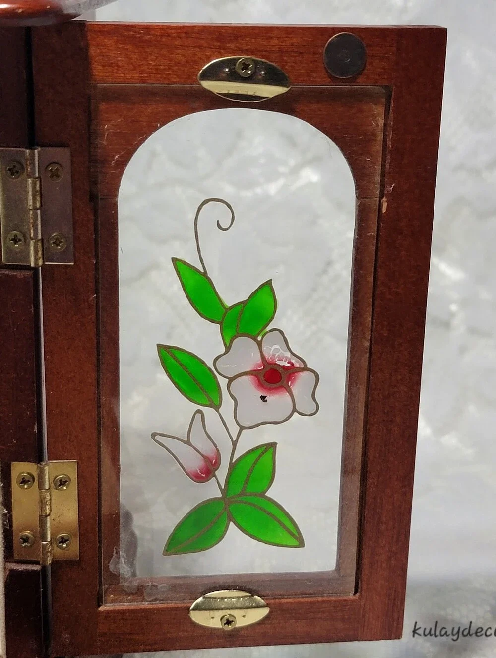 Vintage Wooden Jewelry Box Organizer 3 Drawer Mirrored Floral Glass Door Trinket